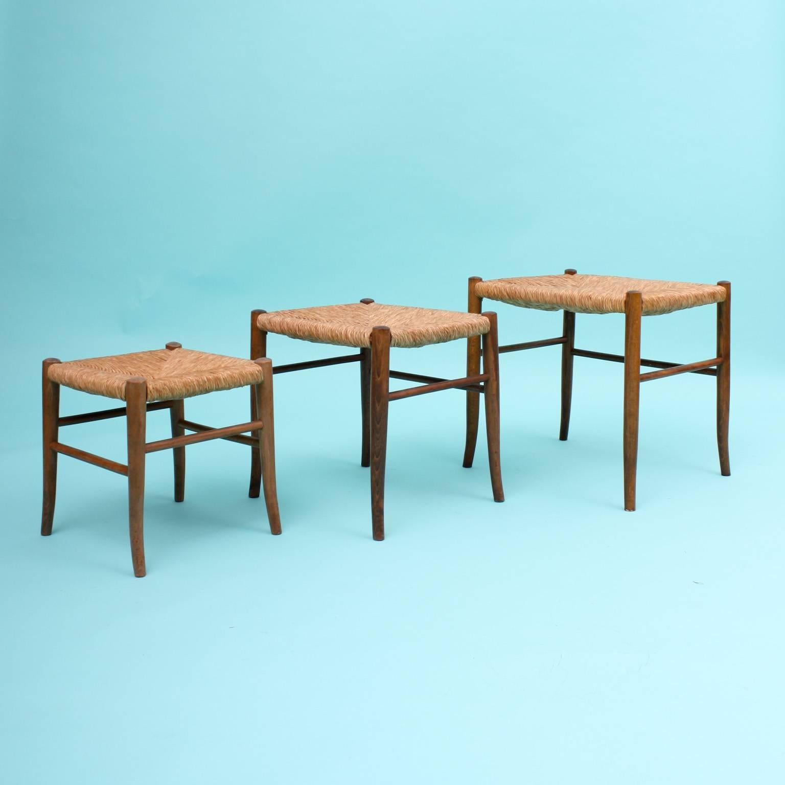 Beech Set of Three 1950s Stools with Rushes Covering For Sale