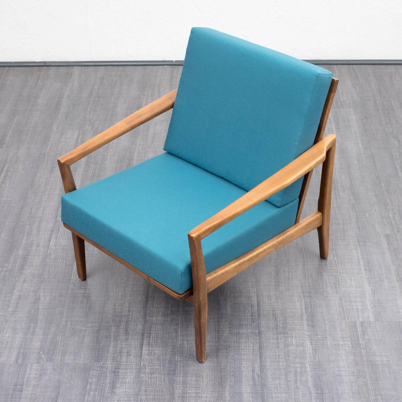 Mid-Century Modern 1960s Armchair, Solid Beech, Reupholstered, Petrol Blue For Sale