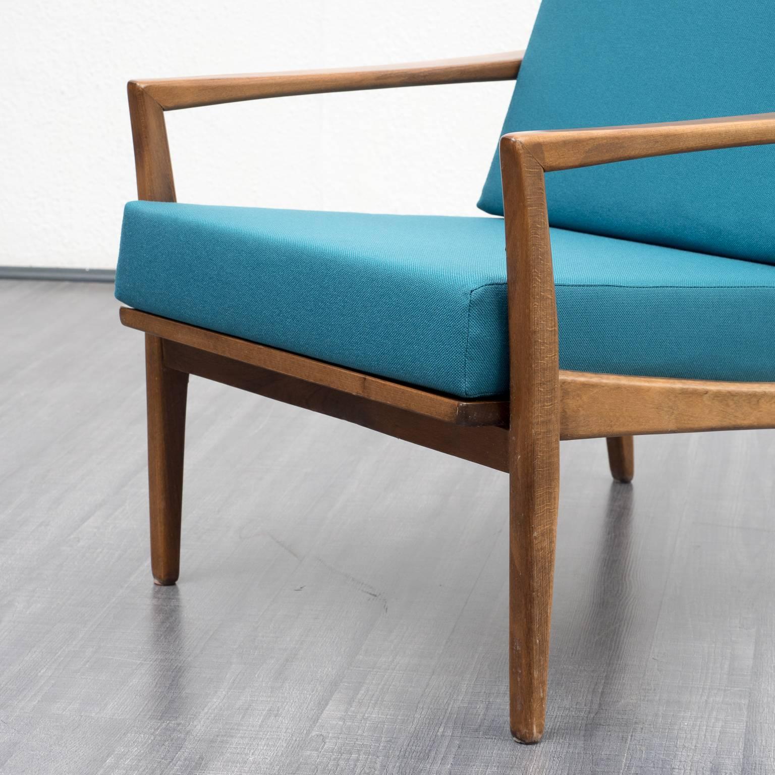 European 1960s Armchair, Solid Beech, Reupholstered, Petrol Blue For Sale