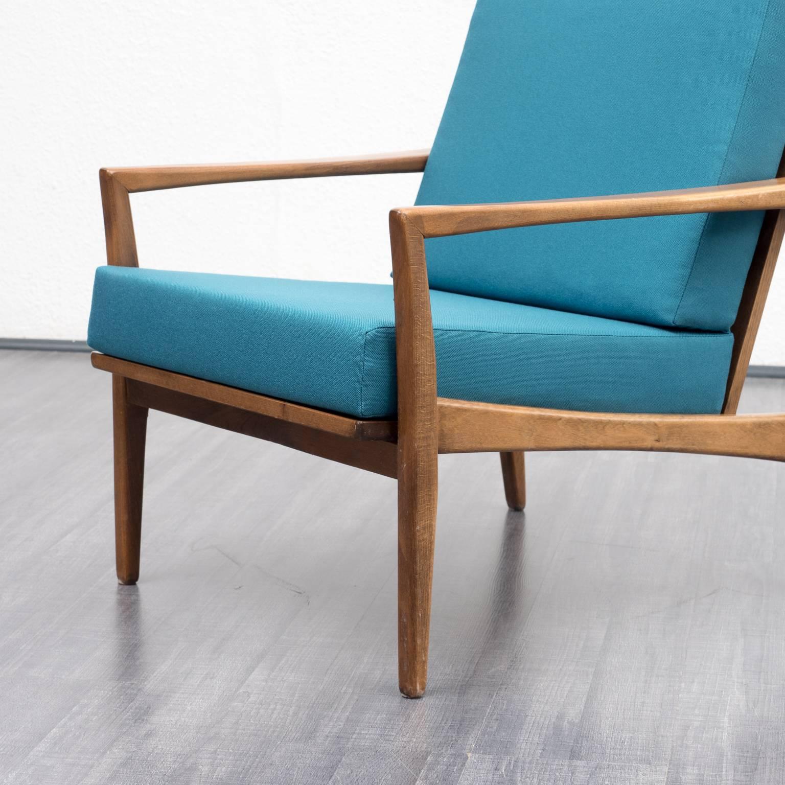 1960s Armchair, Solid Beech, Reupholstered, Petrol Blue In Excellent Condition For Sale In Karlsruhe, DE