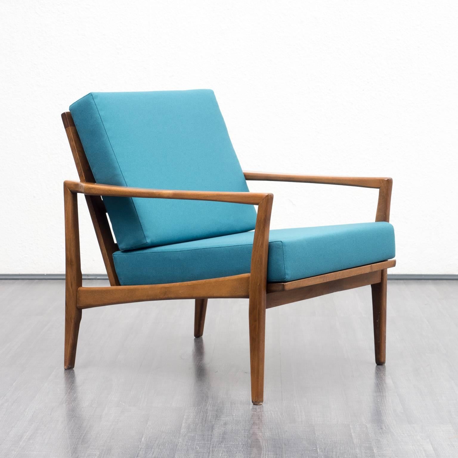 Fabric 1960s Armchair, Solid Beech, Reupholstered, Petrol Blue For Sale