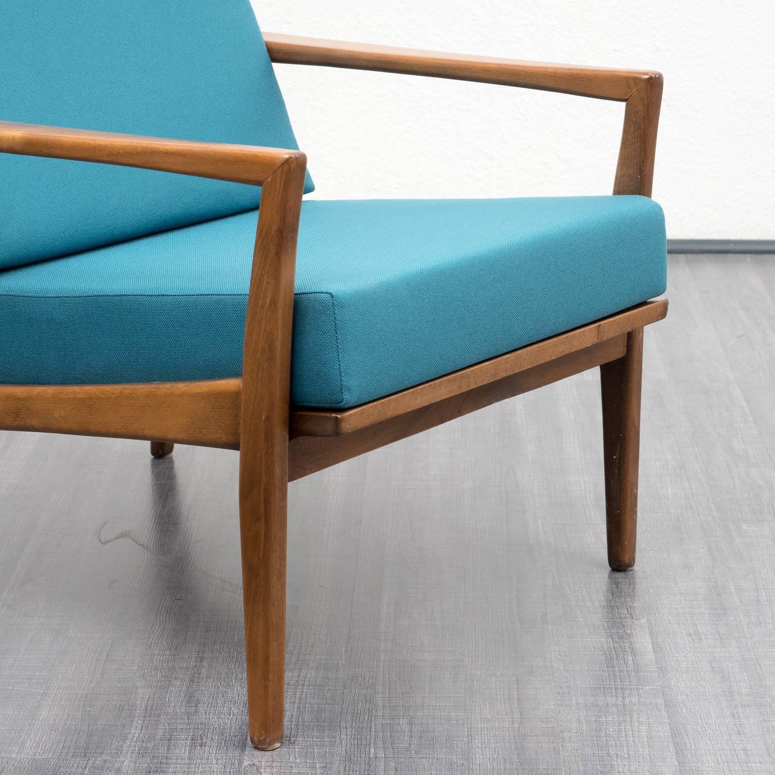 1960s Armchair, Solid Beech, Reupholstered, Petrol Blue For Sale 1