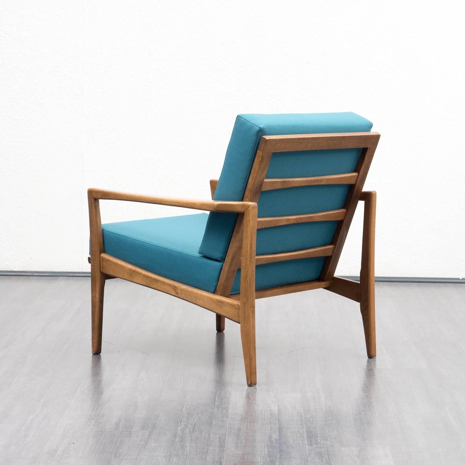 1960s Armchair, Solid Beech, Reupholstered, Petrol Blue For Sale 2