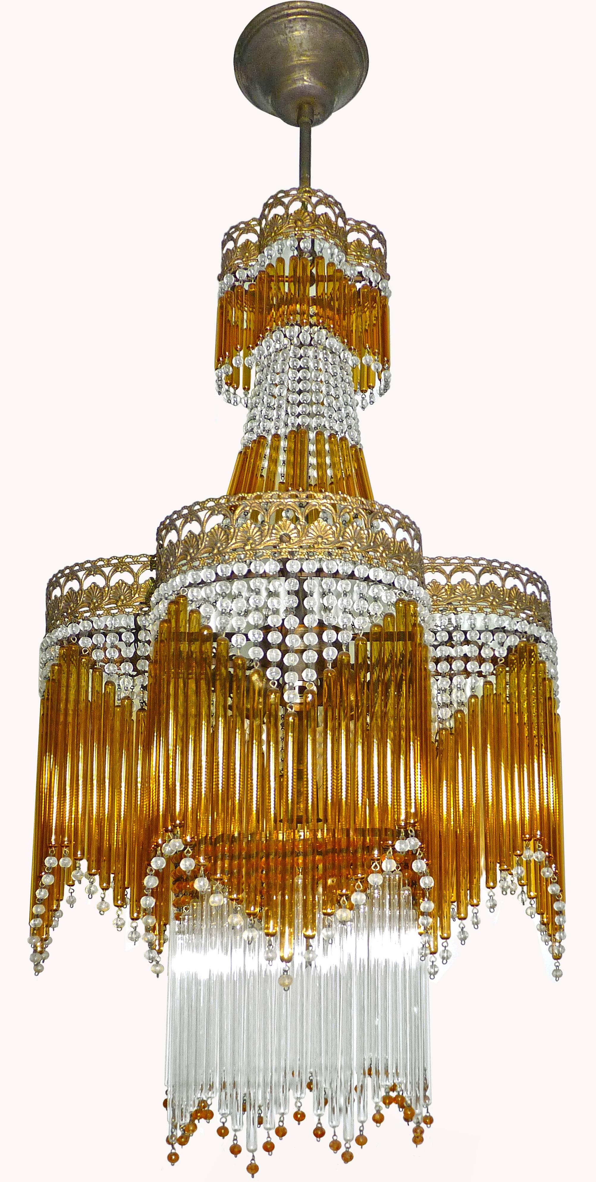 Italian Art Deco/Art Nouveau Amber & Clear Beaded Glass Fringe Murano Chandelier In Excellent Condition In Coimbra, PT