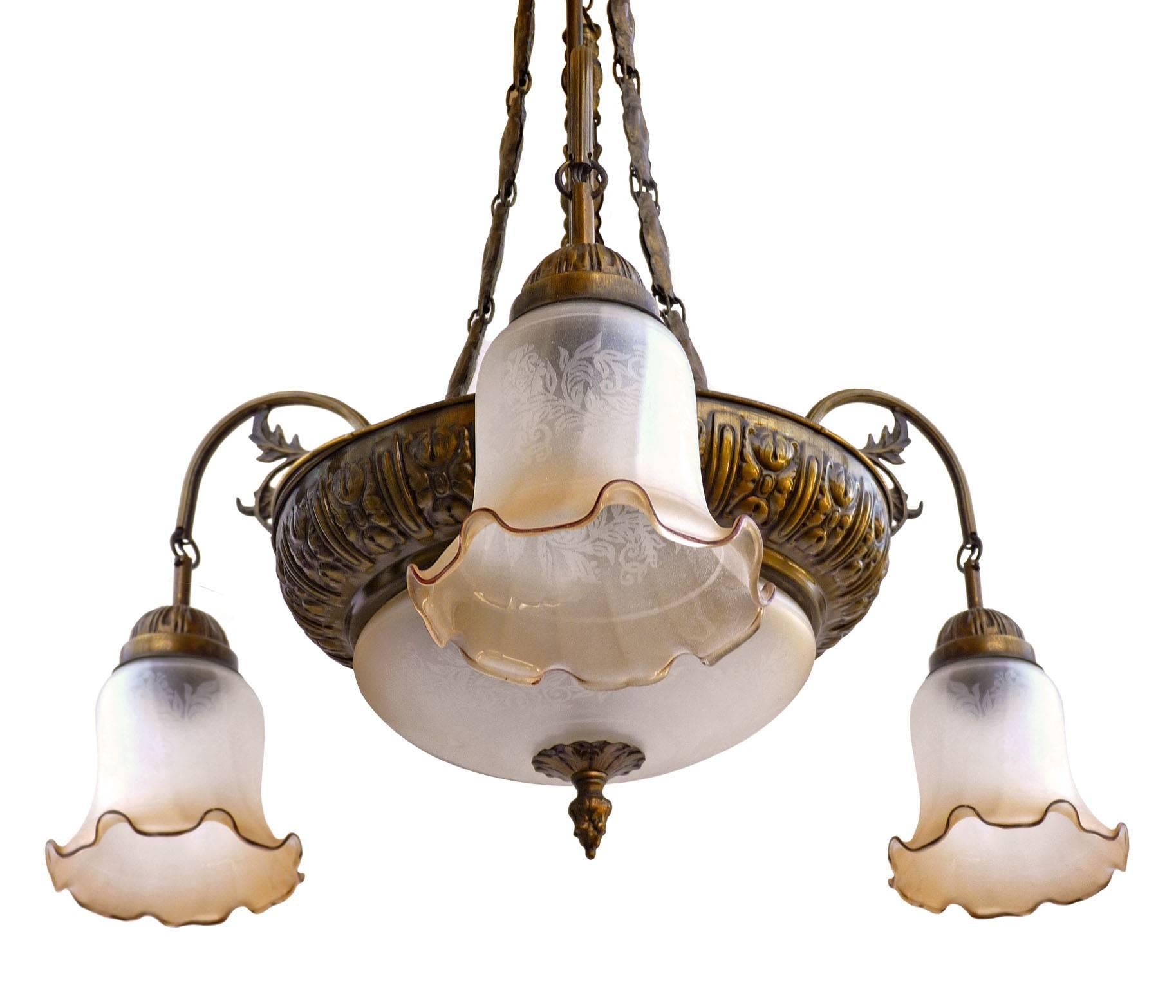 Antique French Art Deco or Art Nouveau Bronze and Gold Color, Etched Glass Five Light Chandelier
Beautiful age patina
Measures:
Diameter 26 in / 66 cm
Height 24 in / 60 cm 
Glass shades 6 in (15 cm) / 5.5 in (13 cm)
Dome: 10 in (25 cm) / 4 in (10