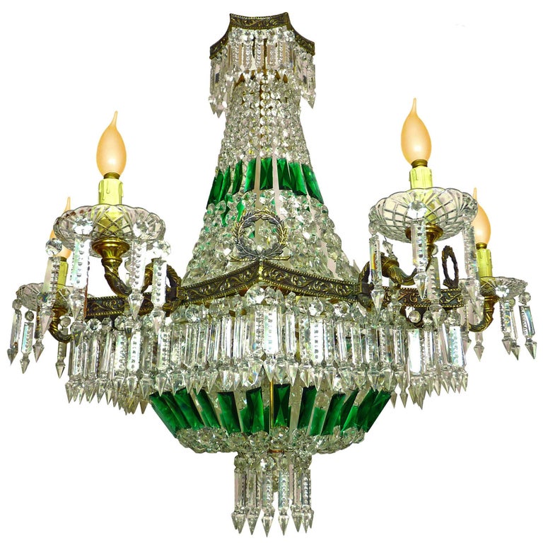 Large French Louis Xvi Empire Green Crystal And Bronze 15 Light Large French Louis Xvi Empire Green Crystal Bronze 15 Light Basket Chandelier For