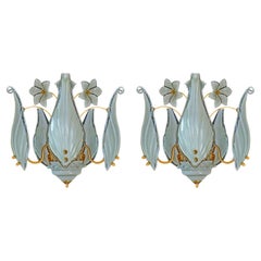 Italian Pair Murano Franco Luce Art Glass &Gilt Brass Mid-Century Chandelier-PPU