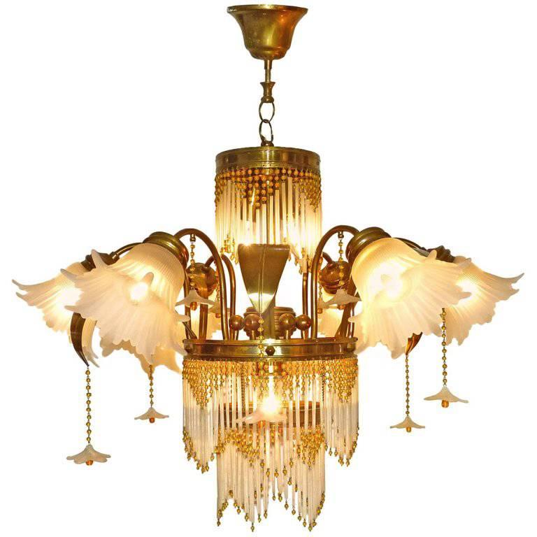 Art Deco Gilt Brass & Beaded Amber Glass Palm Tree Hollywood Regency Chandelier