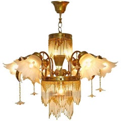 Art Deco Gilt Brass & Beaded Amber Glass Palm Tree Hollywood Regency Chandelier