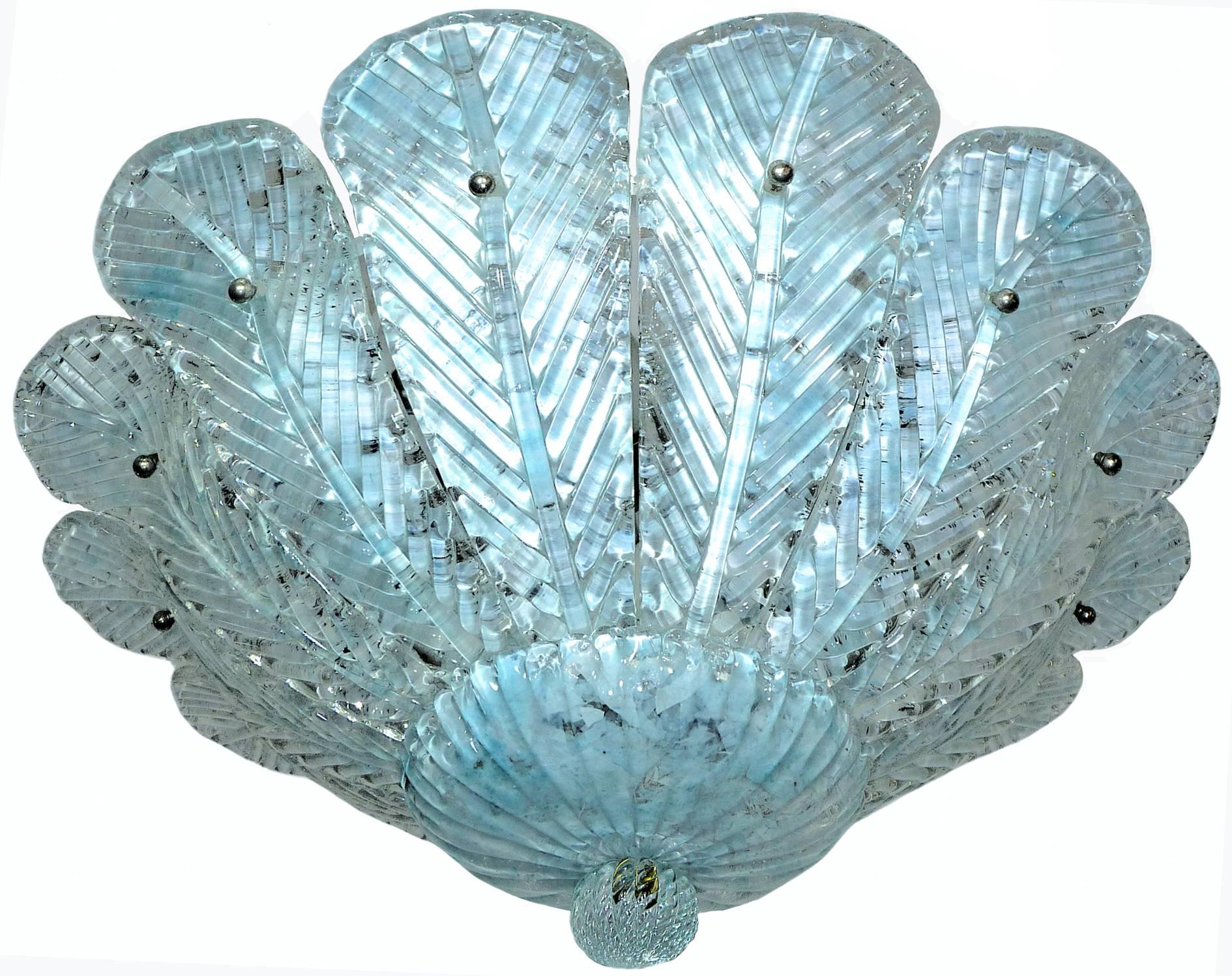 Mid-Century Modern Barovier & Toso Italian Murano Glass Flush Mount Chandelier with Blue Leaves