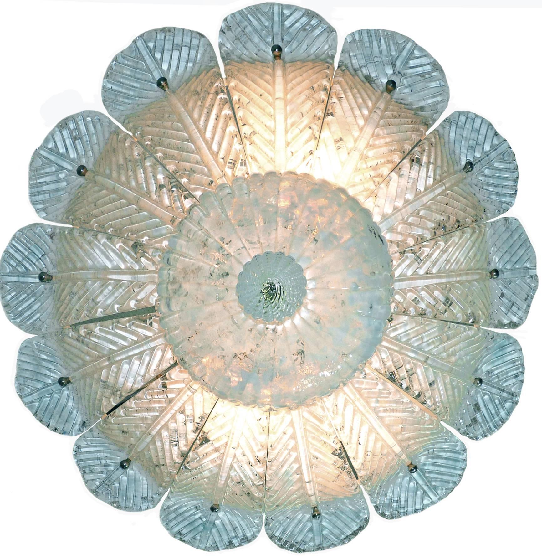 20th Century Barovier & Toso Italian Murano Glass Flush Mount Chandelier with Blue Leaves