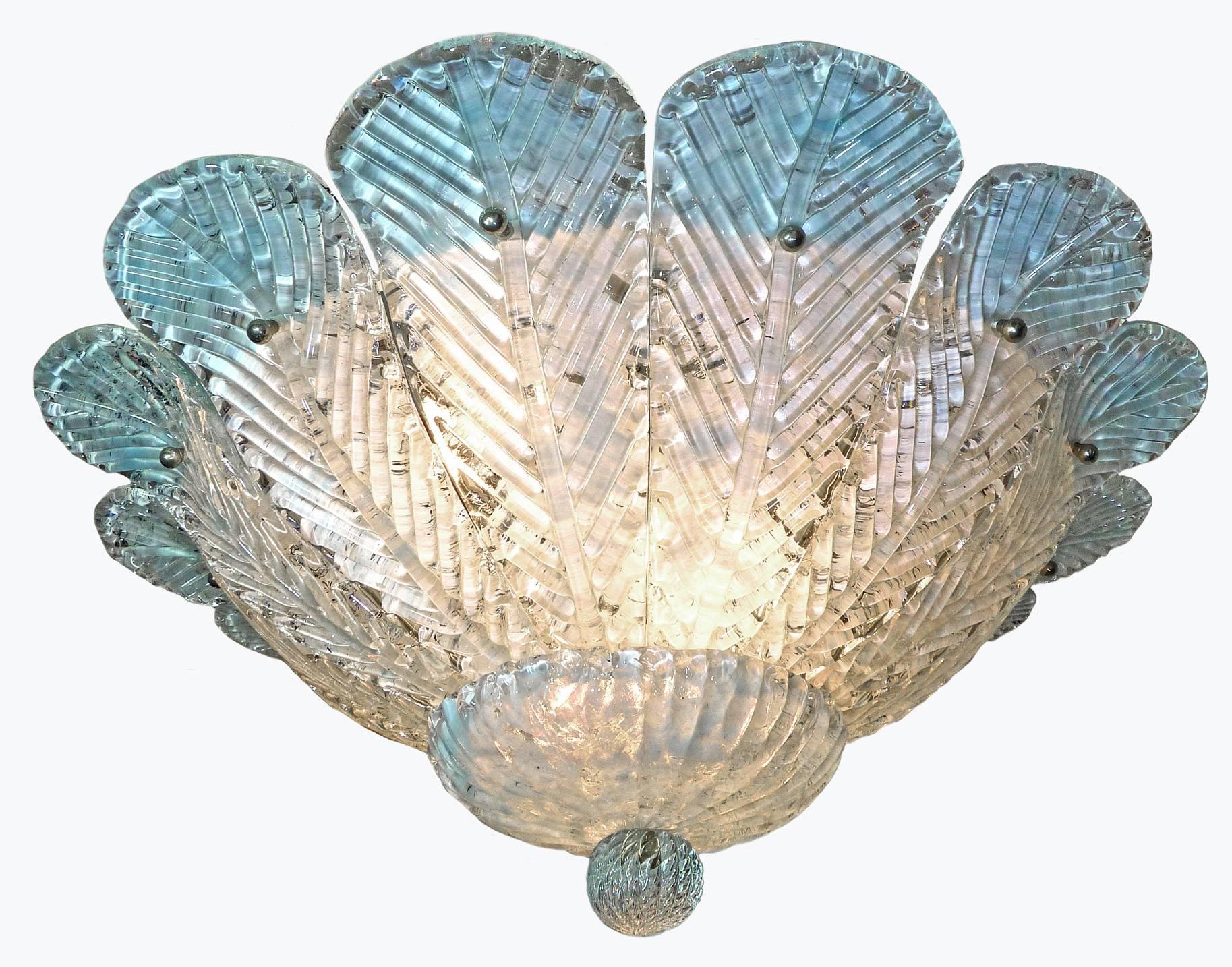 Barovier & Toso Italian Murano Glass Flush Mount Chandelier with Blue Leaves 1
