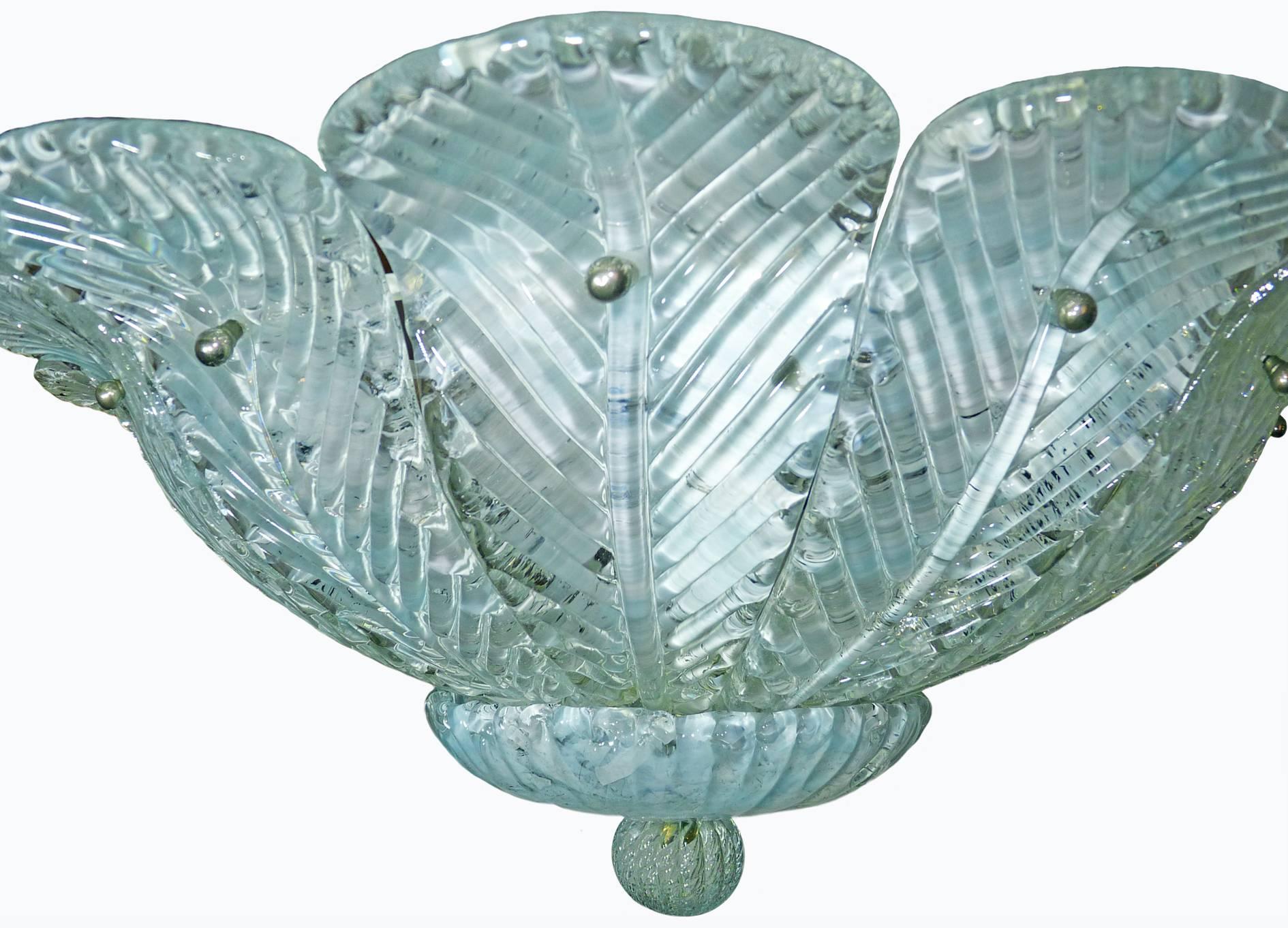 Barovier & Toso Italian Murano Glass Flush Mount Chandelier with Blue Leaves 2