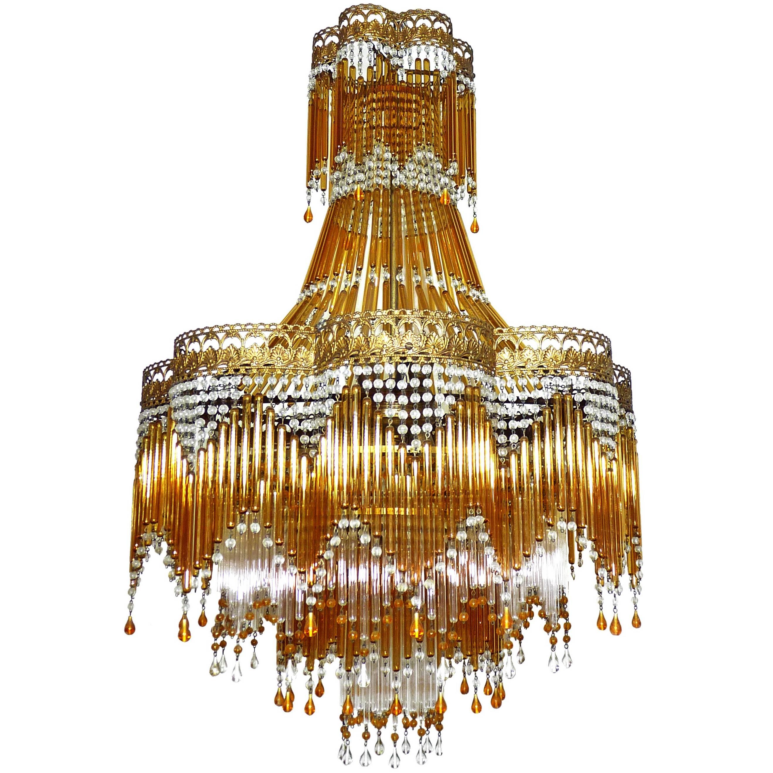 Italian Art Deco or Art Nouveau Amber Murano Glass Hollywood Regency Chandelier