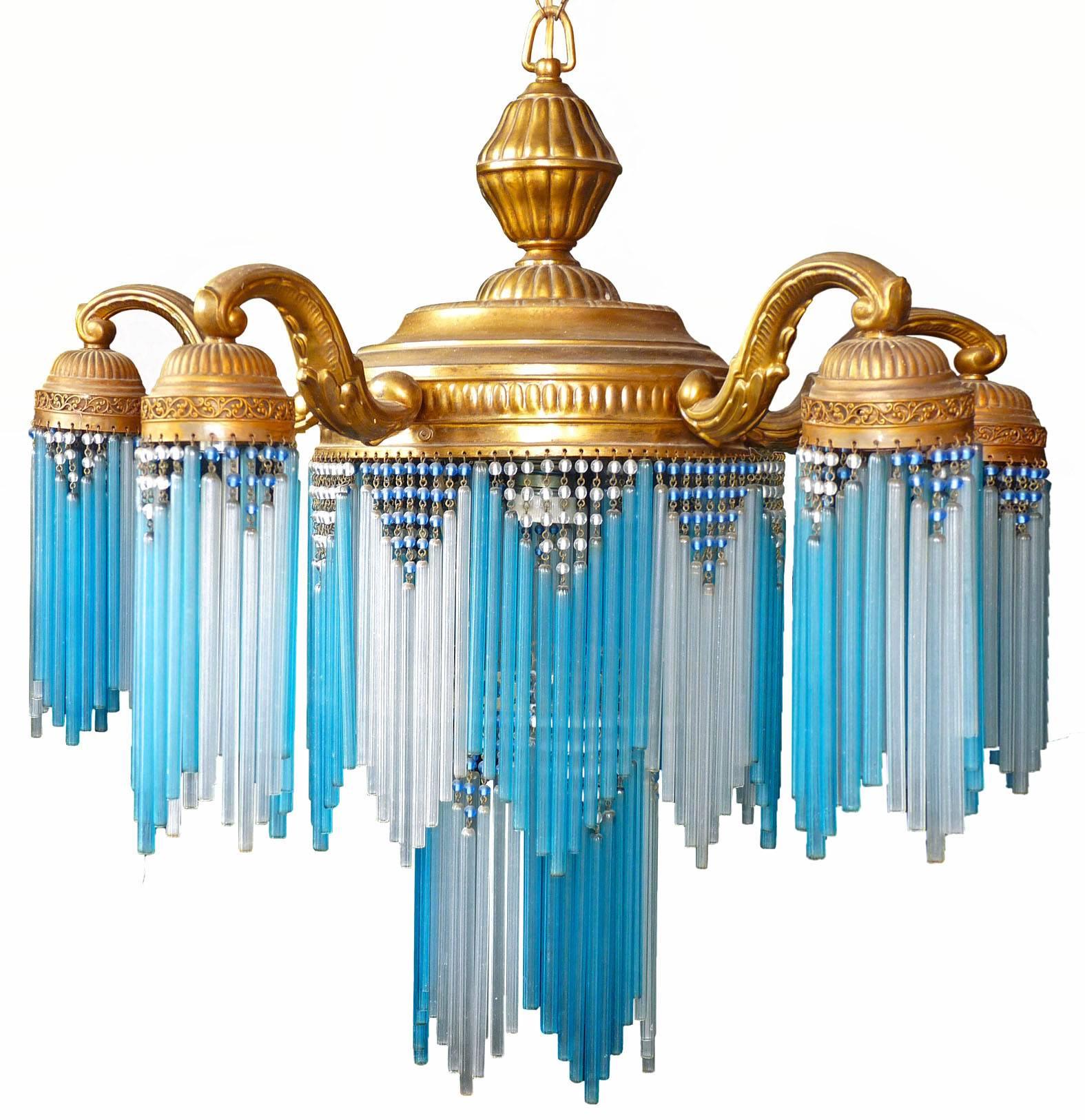 Large French Art Nouveau Art Deco Gilt Brass Blue Beaded Glass Fringe Chandelier