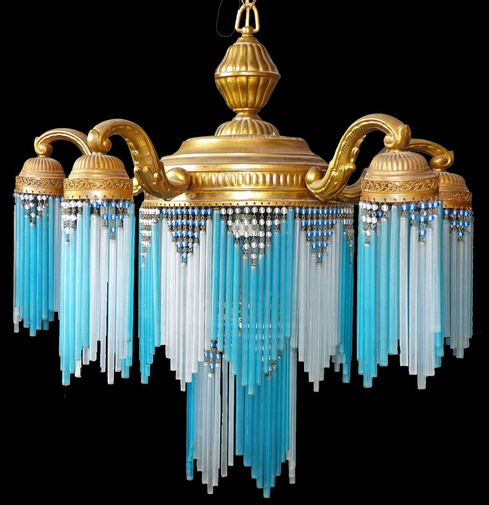 Gorgeous antique French chandelier in clear and turquoise blue beaded glass tubes, Art Deco / Art Nouveau
Pressed brass and fine glass straw tubes adorned with beads on the end of each tube.It has hundreds of glass straw crystals.
Measures: