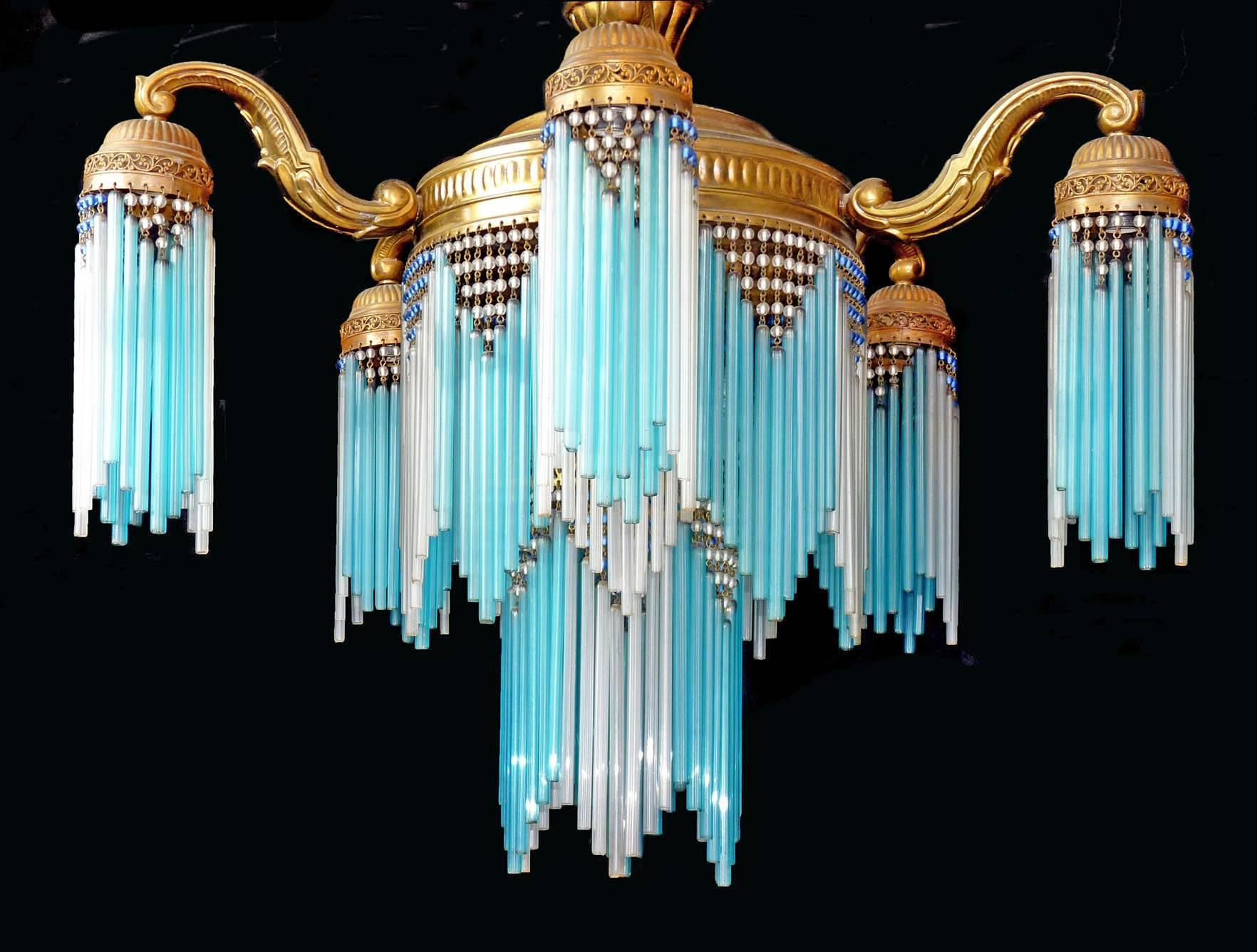 Large French Art Nouveau Art Deco Gilt Brass Blue Beaded Glass Fringe Chandelier In Excellent Condition In Coimbra, PT