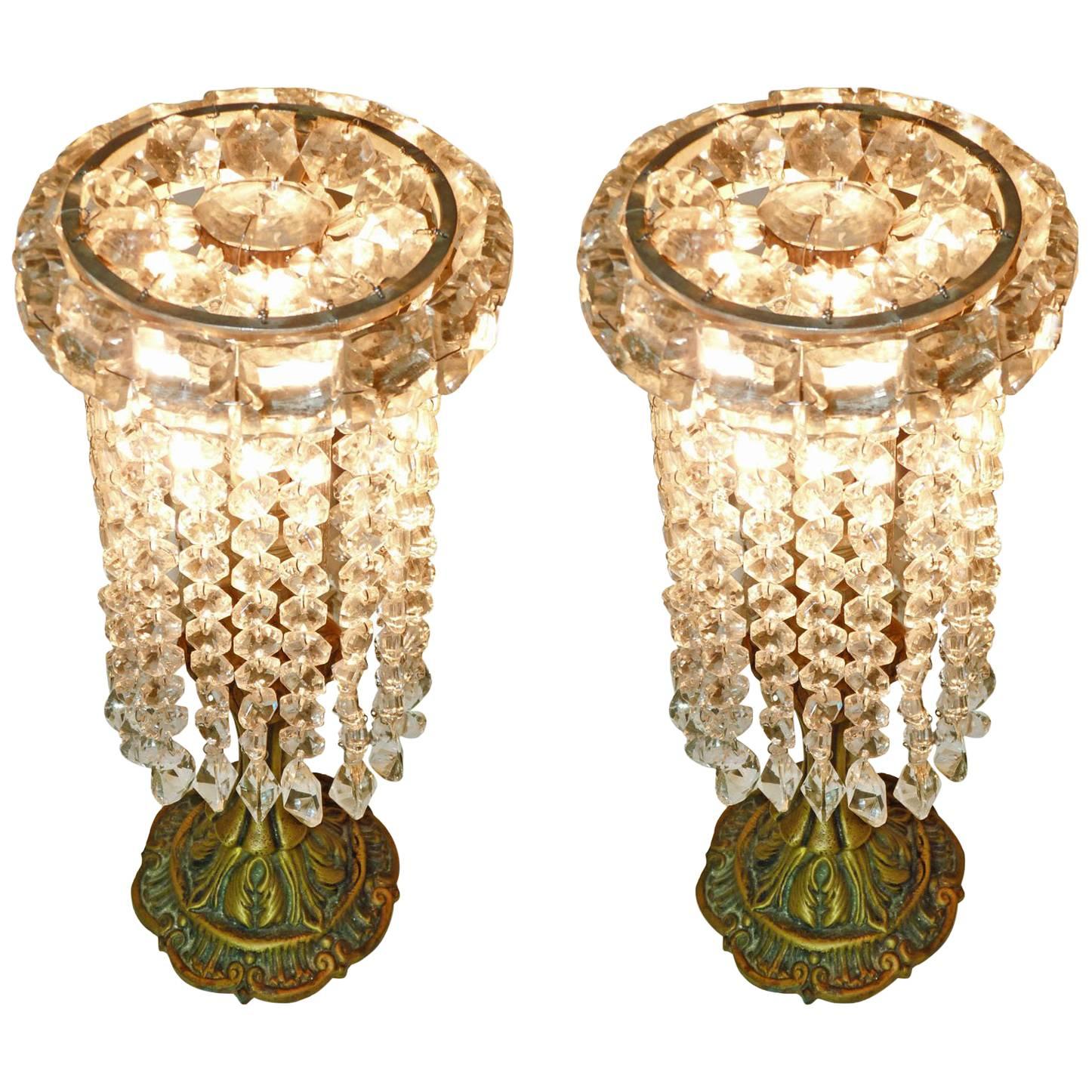 Pair of French Regency Empire in Bronze and Crystal Table Lamps