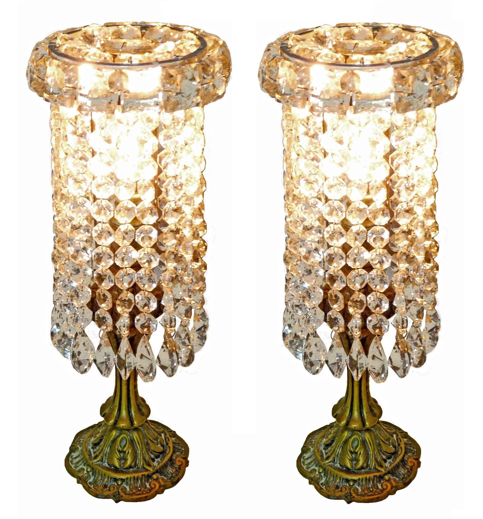Pair of French Regency Empire in bronze and crystal table lamps
Housing one-light bulb each E14. Bronze detailing with all crystal intact.
Measures:
Height 13 in /33 cm
Diameter 6 in /15 cm
Weight: 8 lb. / 4 kg
Two light bulbs ( E14 )
Good