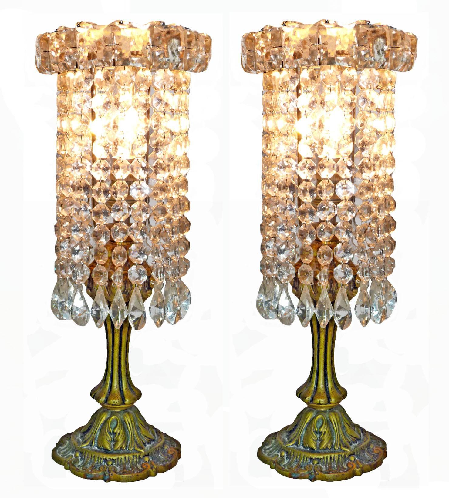 Hollywood Regency Pair of French Regency Empire in Bronze and Crystal Table Lamps