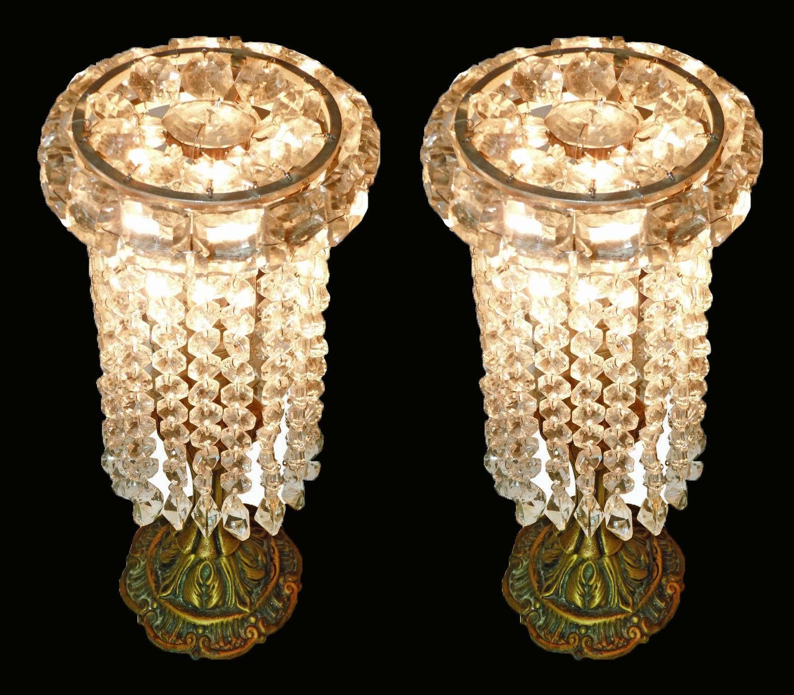 20th Century Pair of French Regency Empire in Bronze and Crystal Table Lamps