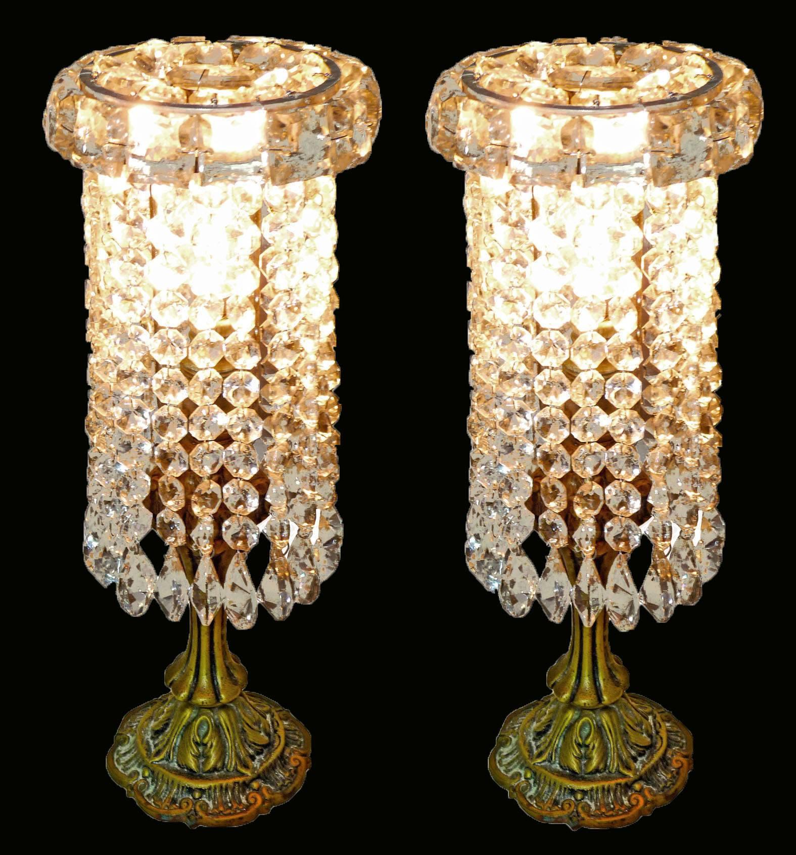 Pair of French Regency Empire in Bronze and Crystal Table Lamps 1