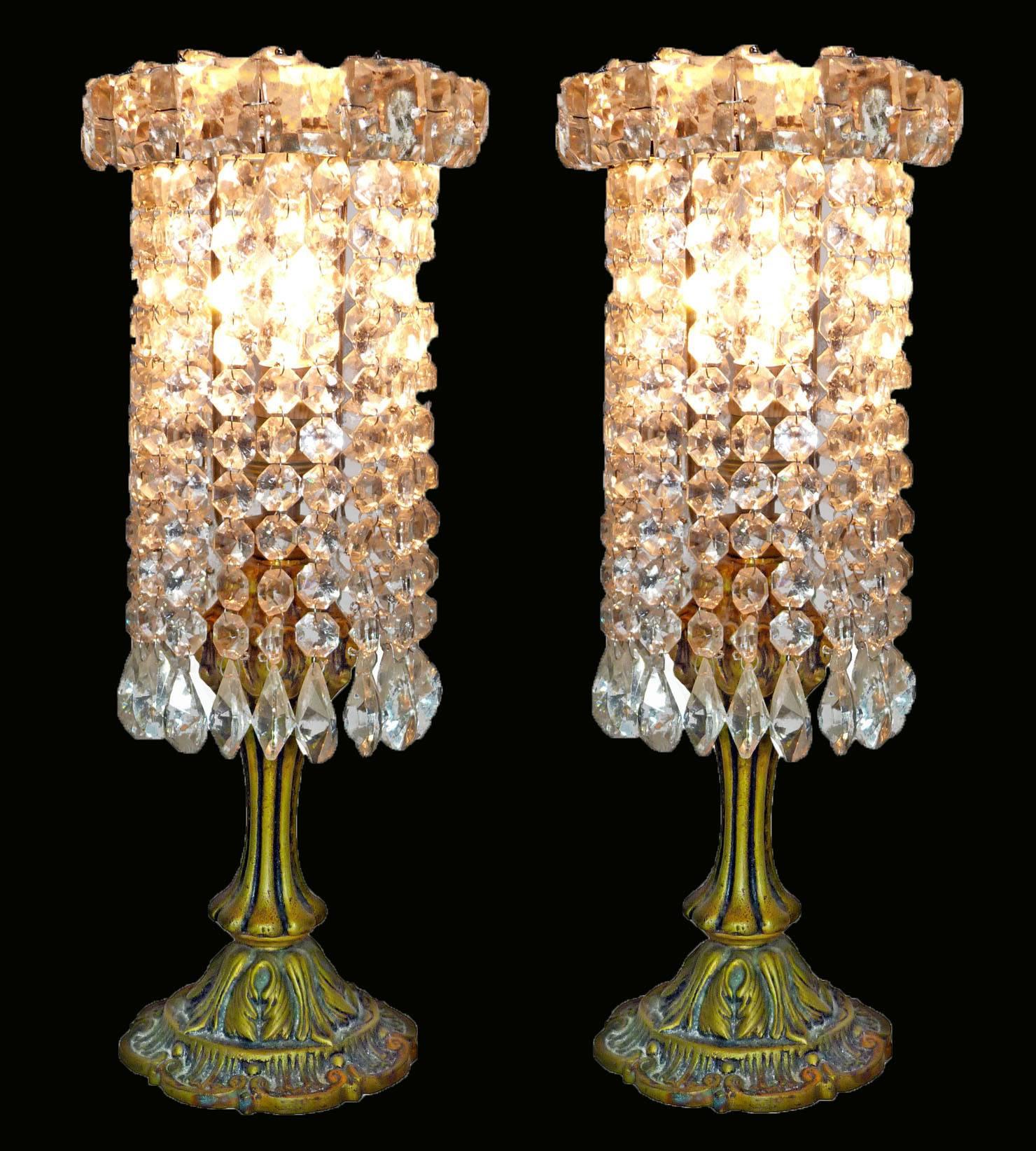 Pair of French Regency Empire in Bronze and Crystal Table Lamps 2