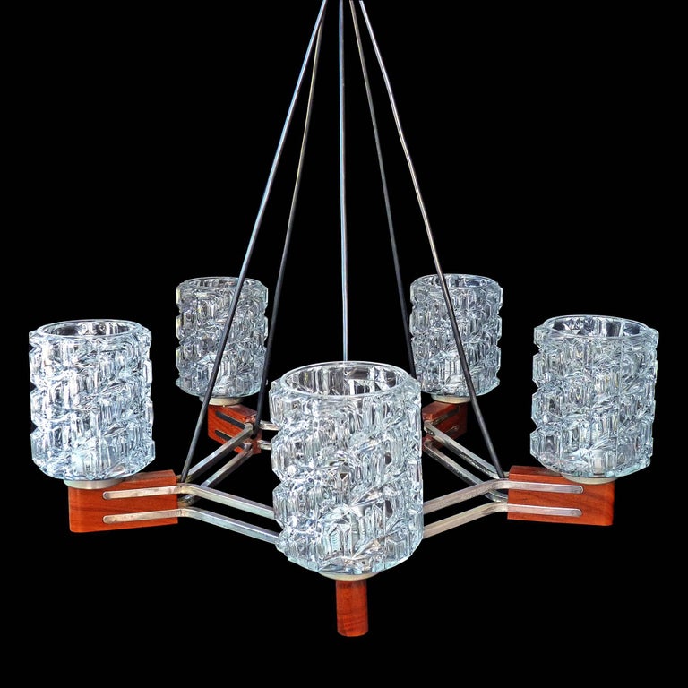 Mid Century Modern Chrome Ceiling Lamp Danish Teak Style Pendant Wood Chandelier