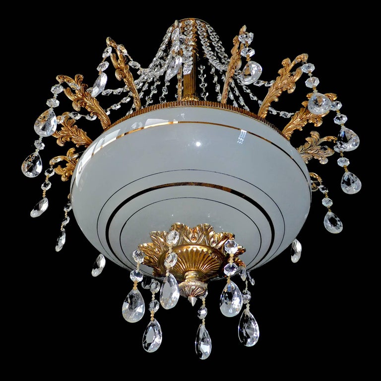 French Empire Hollywood Regency Gilt 6 Light Crystal Teardrop French Empire Hollywood Regency Gilt 6 Light Crystal Teardrop Chandelier For 2