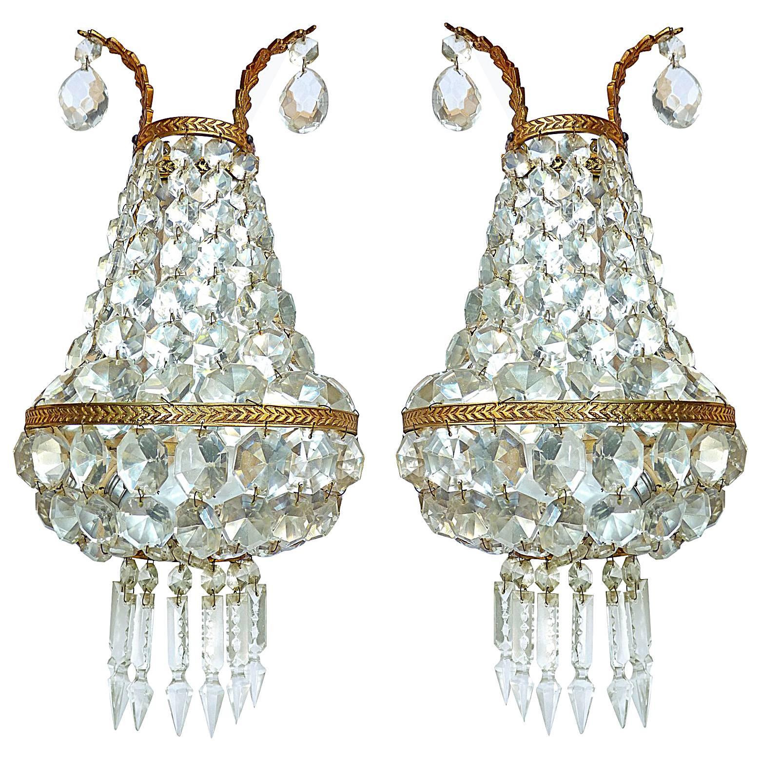 Pair of French Empire Bronze Mirrored Crystal Double Light Sconces Wall Lights