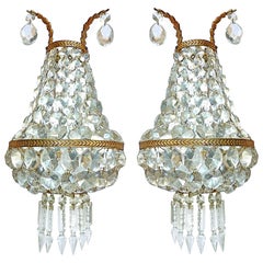 Pair of French Empire Bronze Mirrored Crystal Double Light Sconces Wall Lights