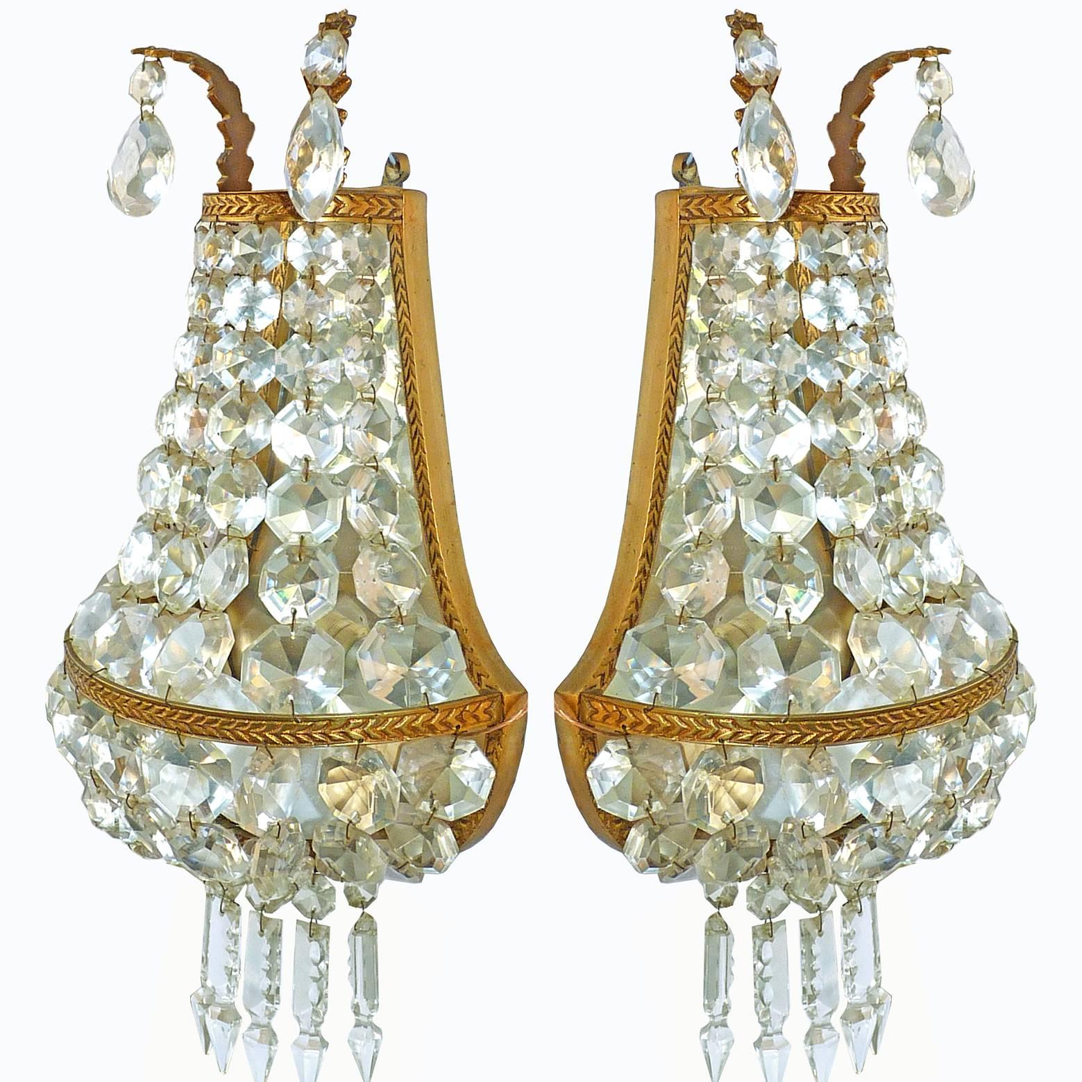 Mid-20th Century Pair of French Empire Bronze Mirrored Crystal Double Light Sconces Wall Lights