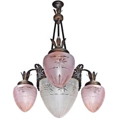 French Art Deco Art Nouveau Pink Etched Glass Wheel Cut Crystal Globe Chandelier