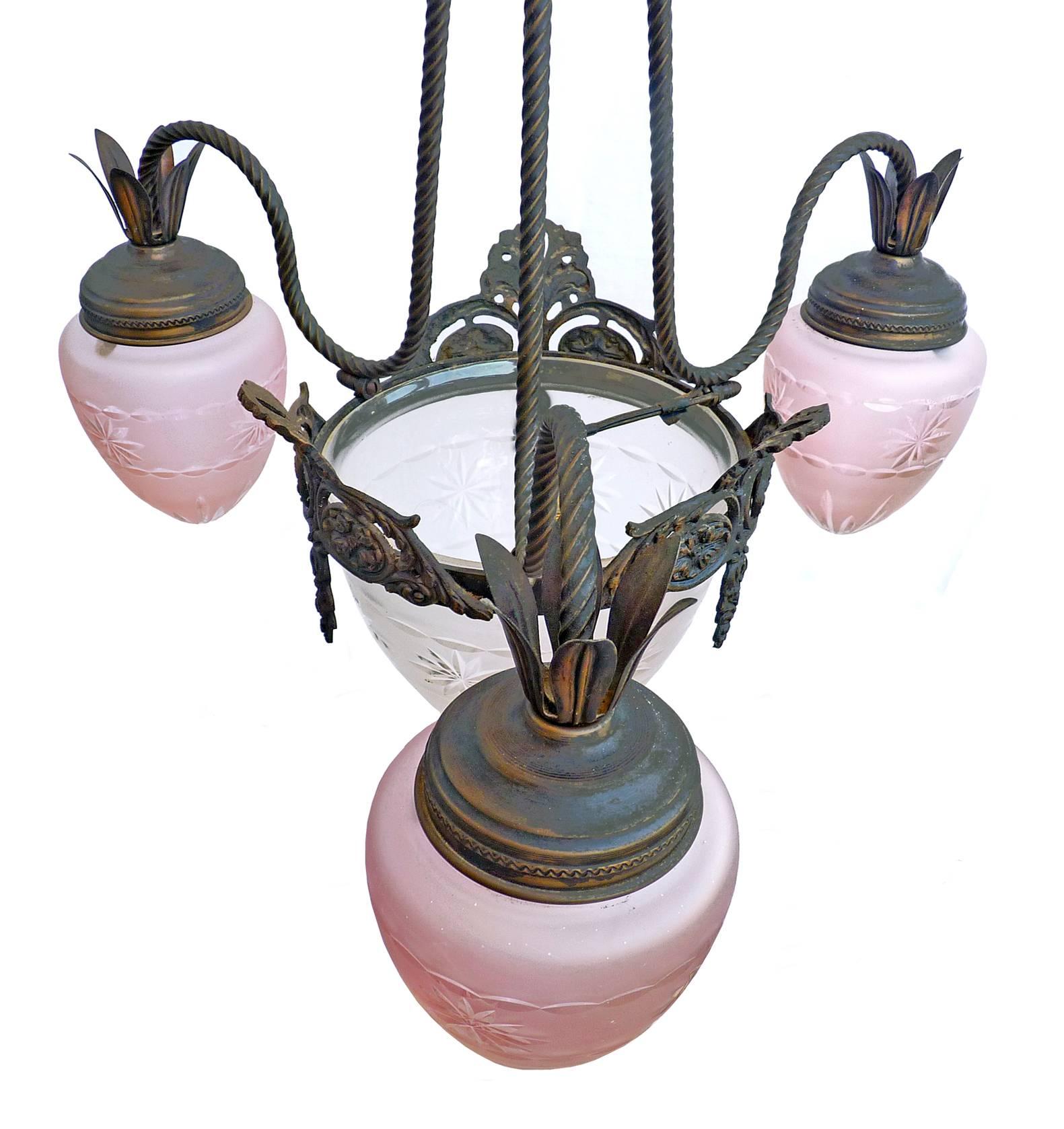 French Art Deco Art Nouveau Pink Etched Glass Wheel Cut Crystal Globe Chandelier In Excellent Condition In Coimbra, PT