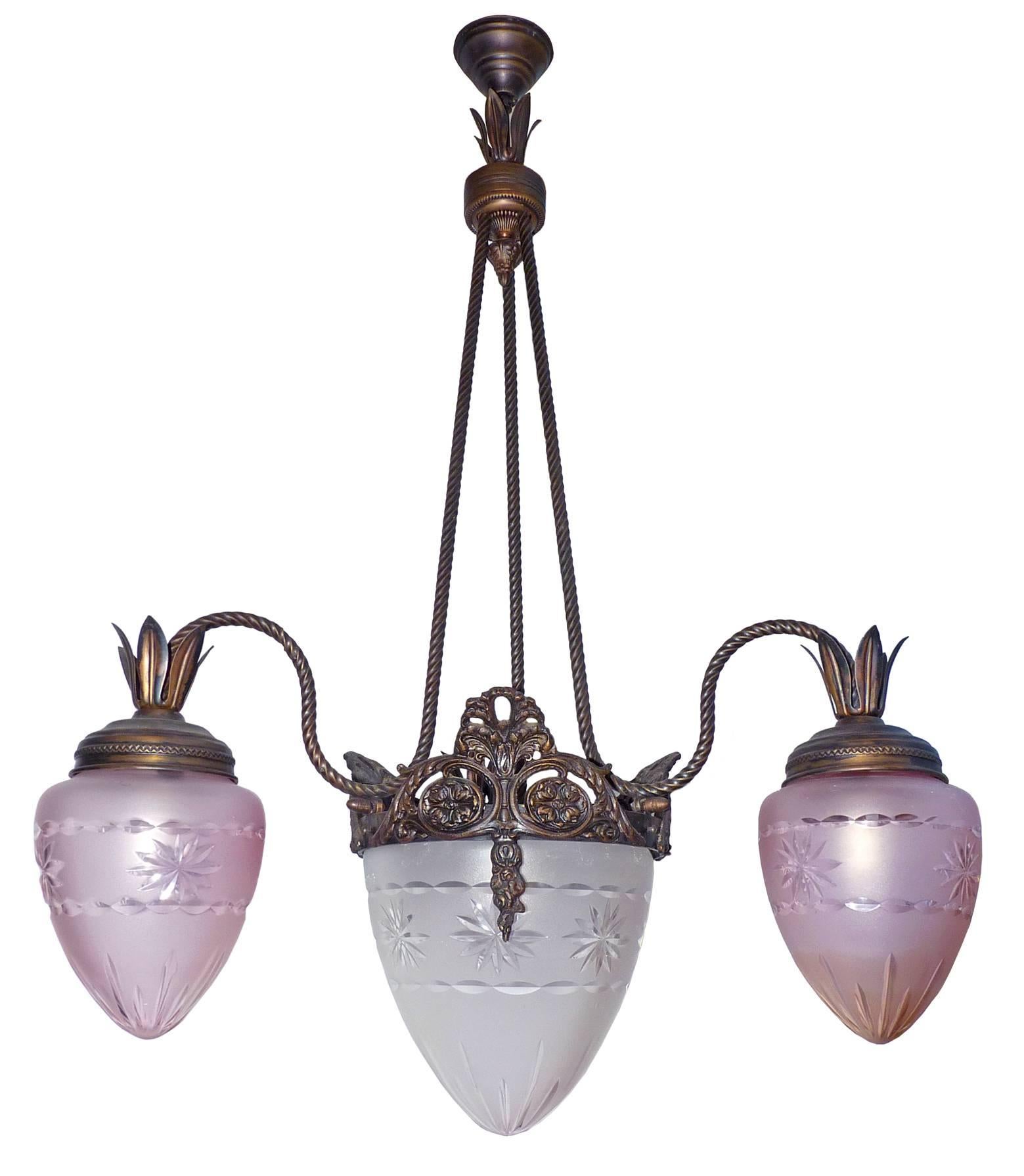 Early 20th Century French Art Deco Art Nouveau Pink Etched Glass Wheel Cut Crystal Globe Chandelier