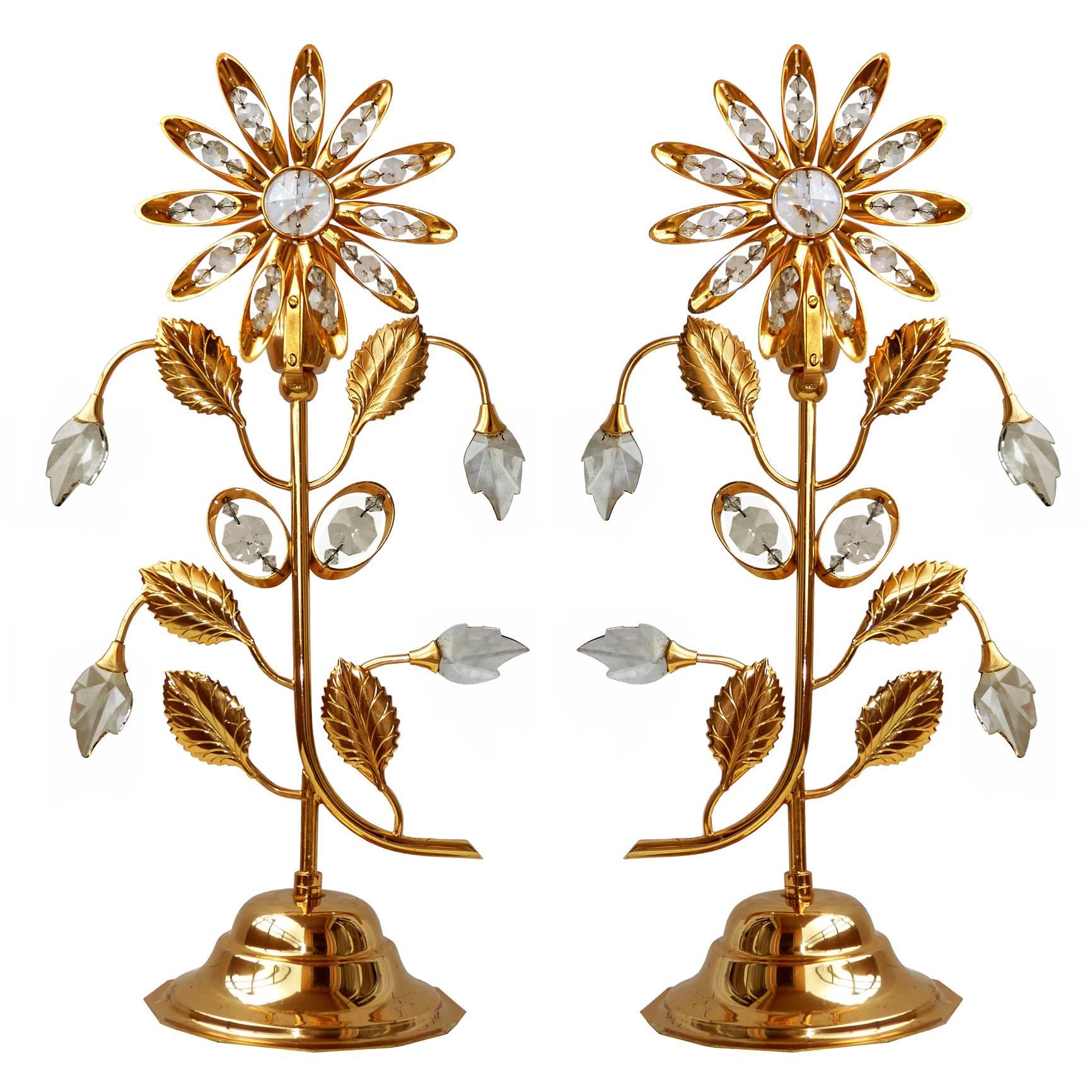 Pair of Hollywood Regency Gilt Brass & Crystal Flowers Table Lamps Palwa Style