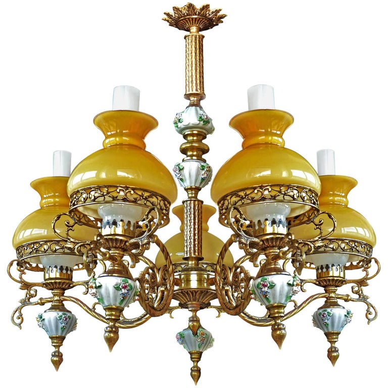 Antique French Victorian Limoges Porcelain Bronze And Glass Oil Lamp Antique French Victorian Limoges Porcelain Bronze and Glass Oil Lamp Chandelier For Sale - Antique French Victorian Limoges Porcelain Bronze And Glass Oil Lamp