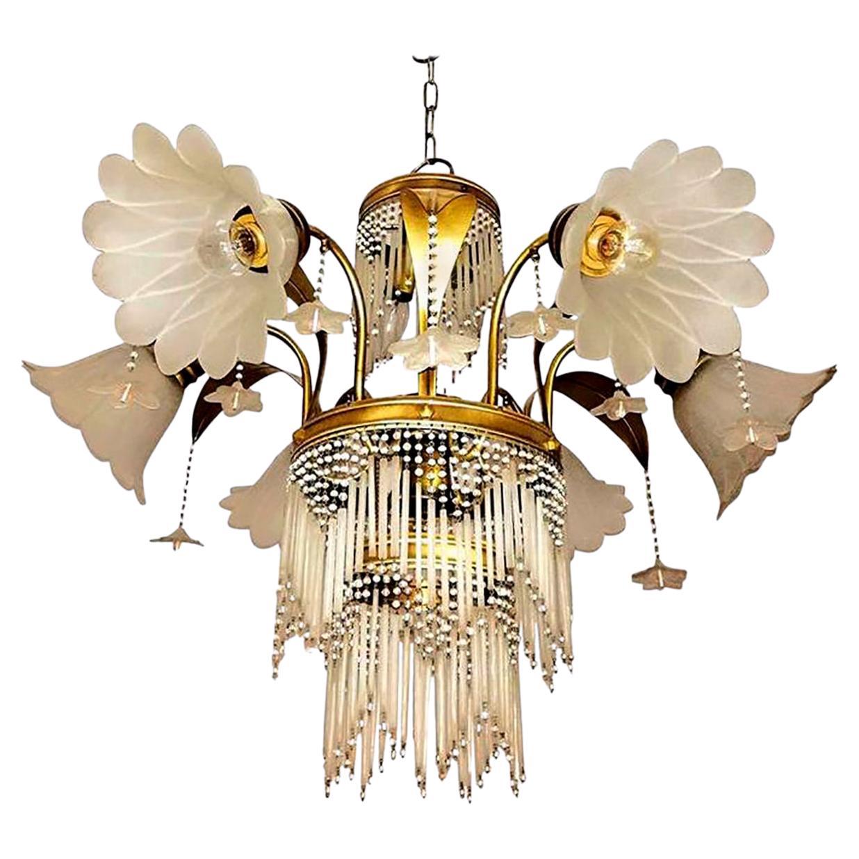 Art Deco Brass Beaded Straw Glass Flowers Palm Tree Hollywood Regency Chandelier For Sale