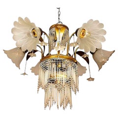 Vintage Art Deco Brass Beaded Straw Glass Flowers Palm Tree Hollywood Regency Chandelier
