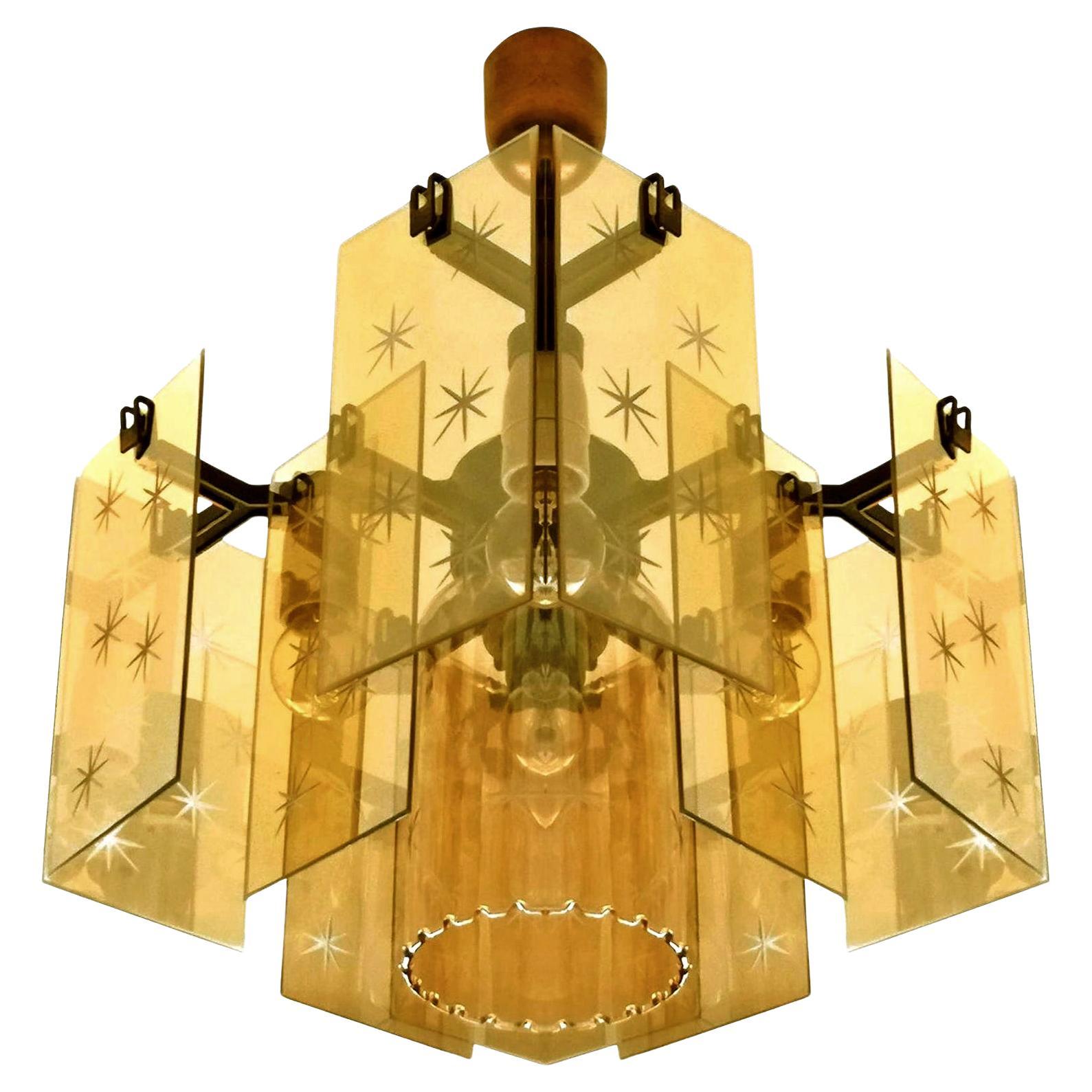 Italian Mid-Century Modern Smoked Amber Gold Cut Glass Fontana Style Chandelier For Sale