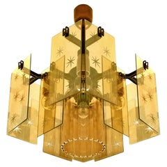 Vintage Italian Mid-Century Modern Smoked Amber Gold Cut Glass Fontana Style Chandelier
