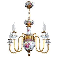 Gilt Mid-century French Limoges Style Chandelier Pink Porcelain Flowers & Leaves