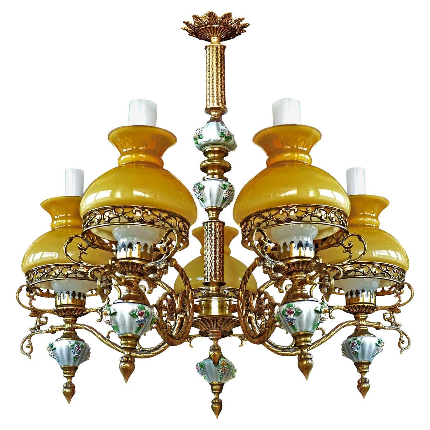 Victorian Chandelier with Porcelain Flowers, Gilt Bronze & Amber Glass Globes