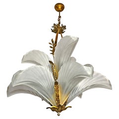 Stunning French Palm Tree Feather Art Deco 2-Tier Chandelier, Gilt Bronze, Glass