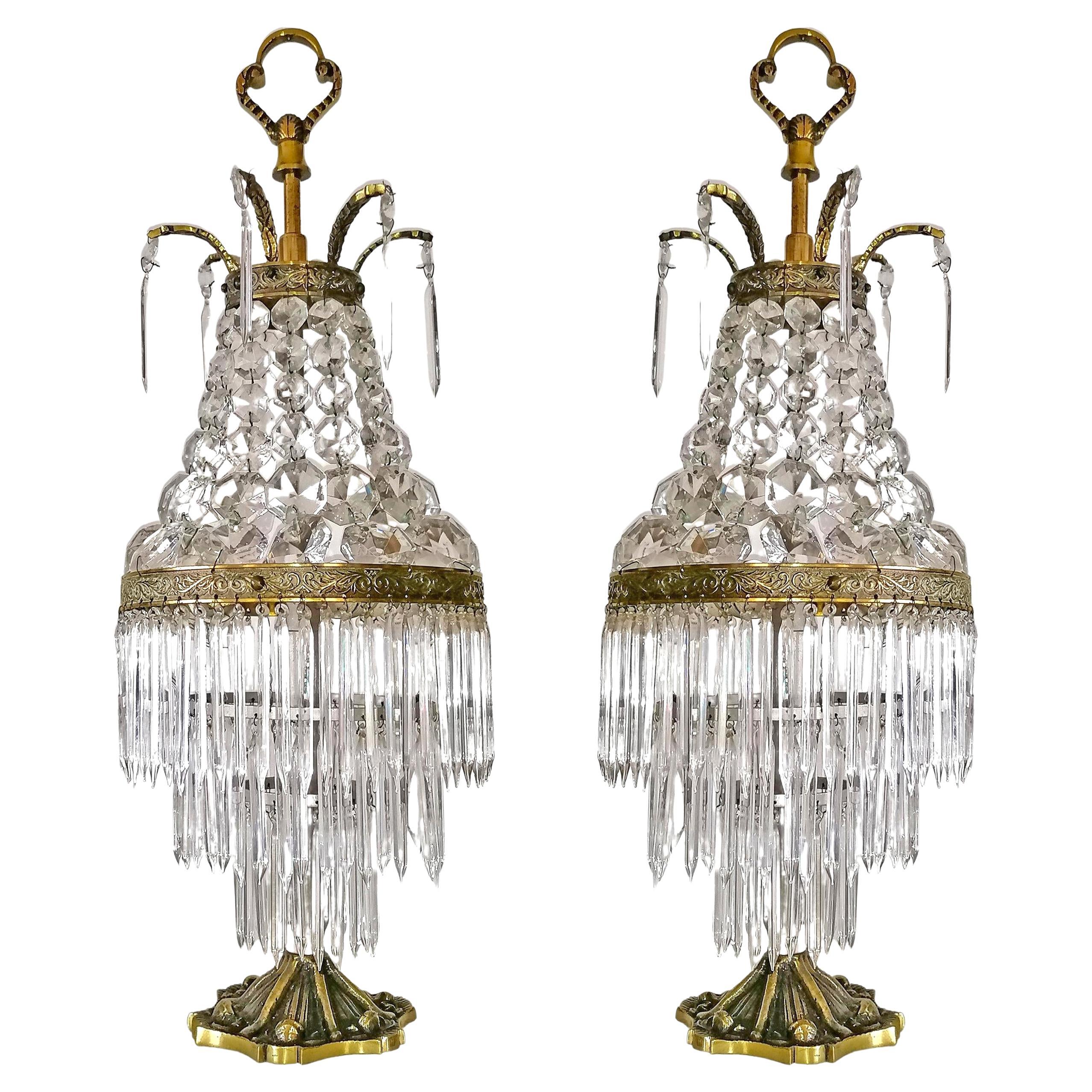 Pair of French Regency Empire Table Lamps in Gilt Bronze and Crystal