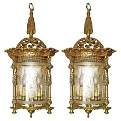 Antique Pair French Empire Caryatids Gilded Bronze Cut Glass 4-Light Lantern Chandelier