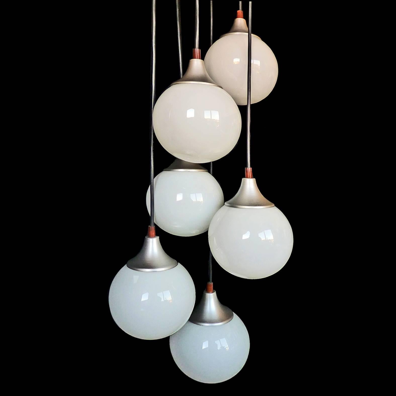 Vintage Mid-Century 1960s Italian Space Age chrome cascade six-light pendant ceiling lamp/white opaline glass globes.