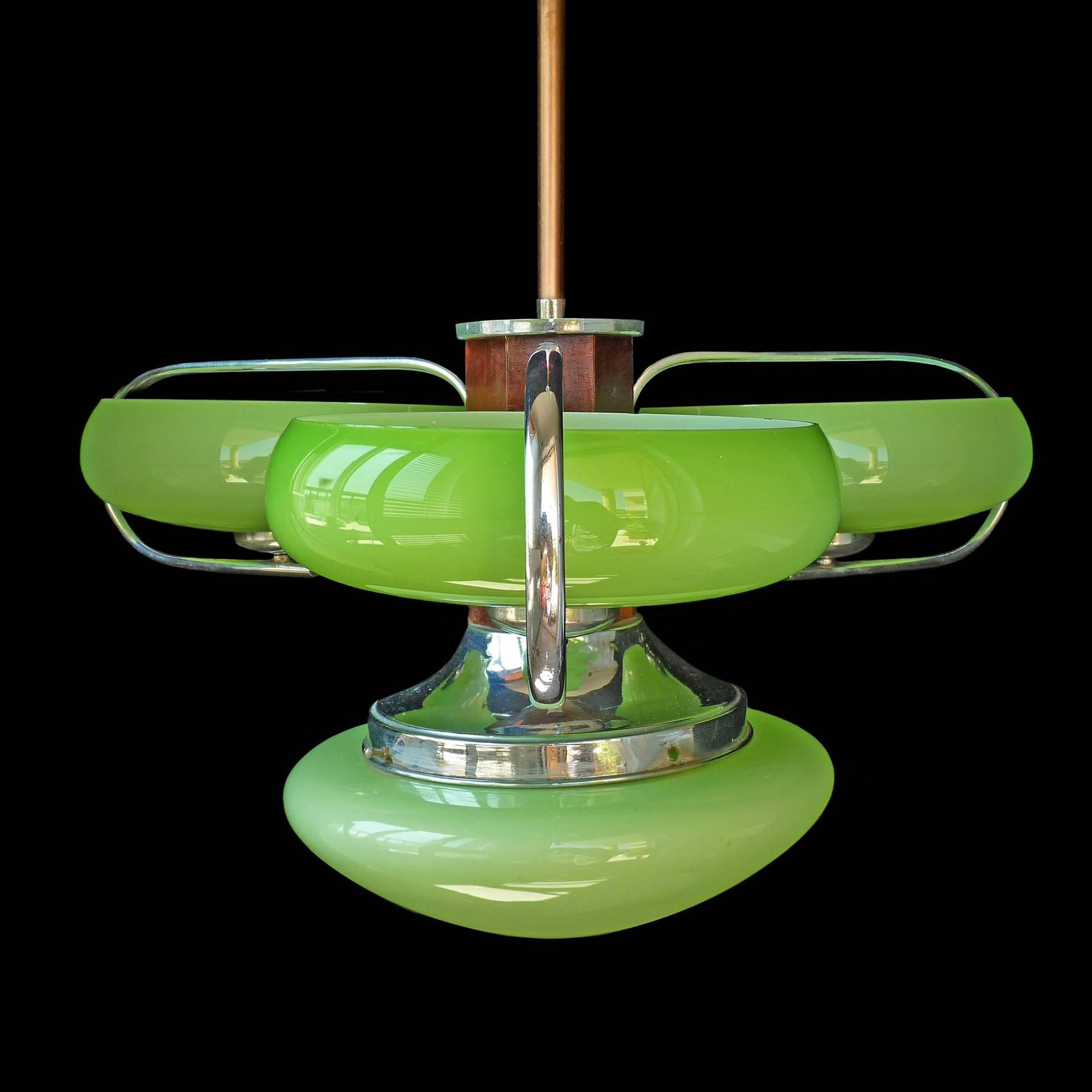 Art Deco Antique French Art-Deco Opaline Green Glass Shades/Four-Light Chrome Chandelier