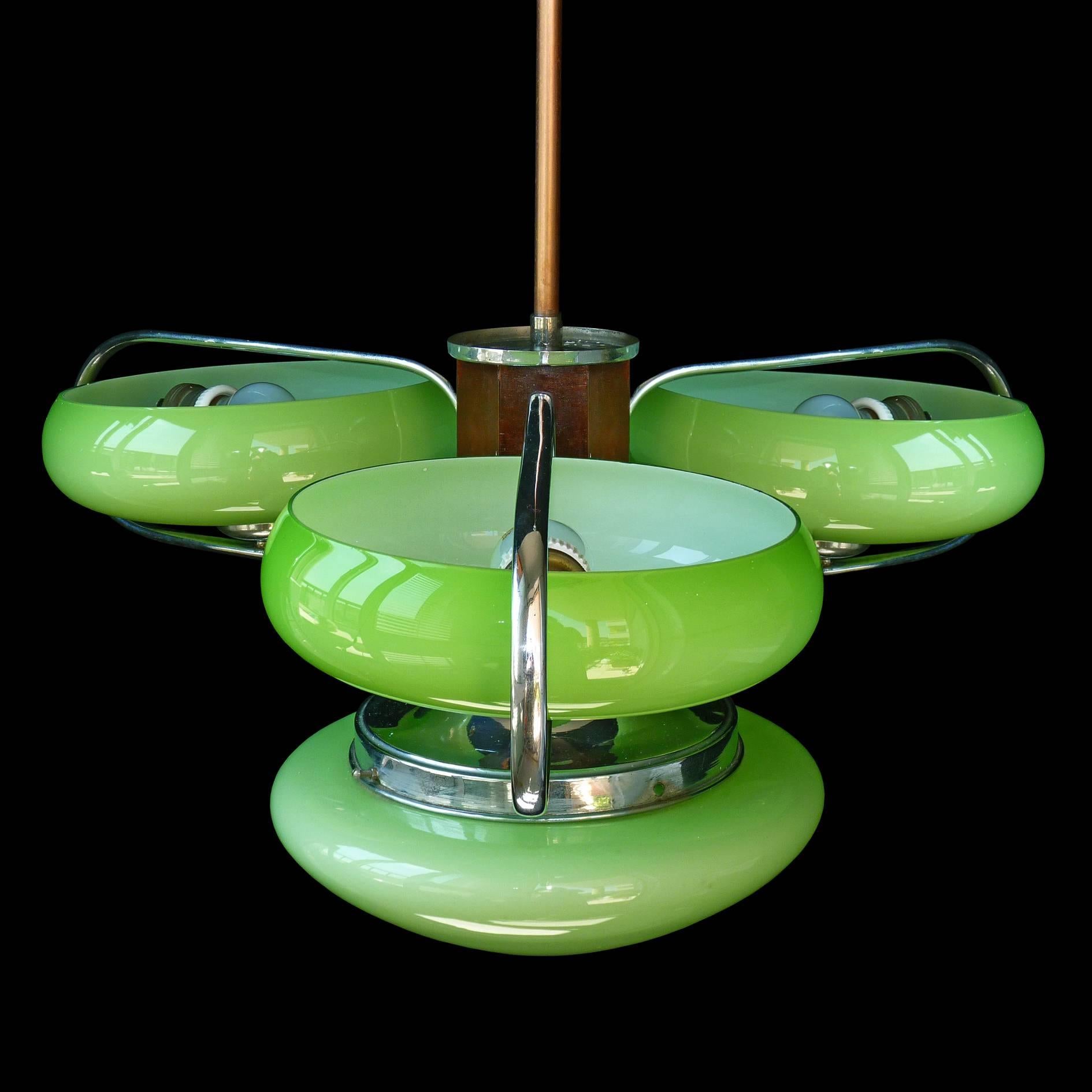 Antique French Art-Deco Opaline Green Glass Shades/Four-Light Chrome Chandelier In Excellent Condition In Coimbra, PT