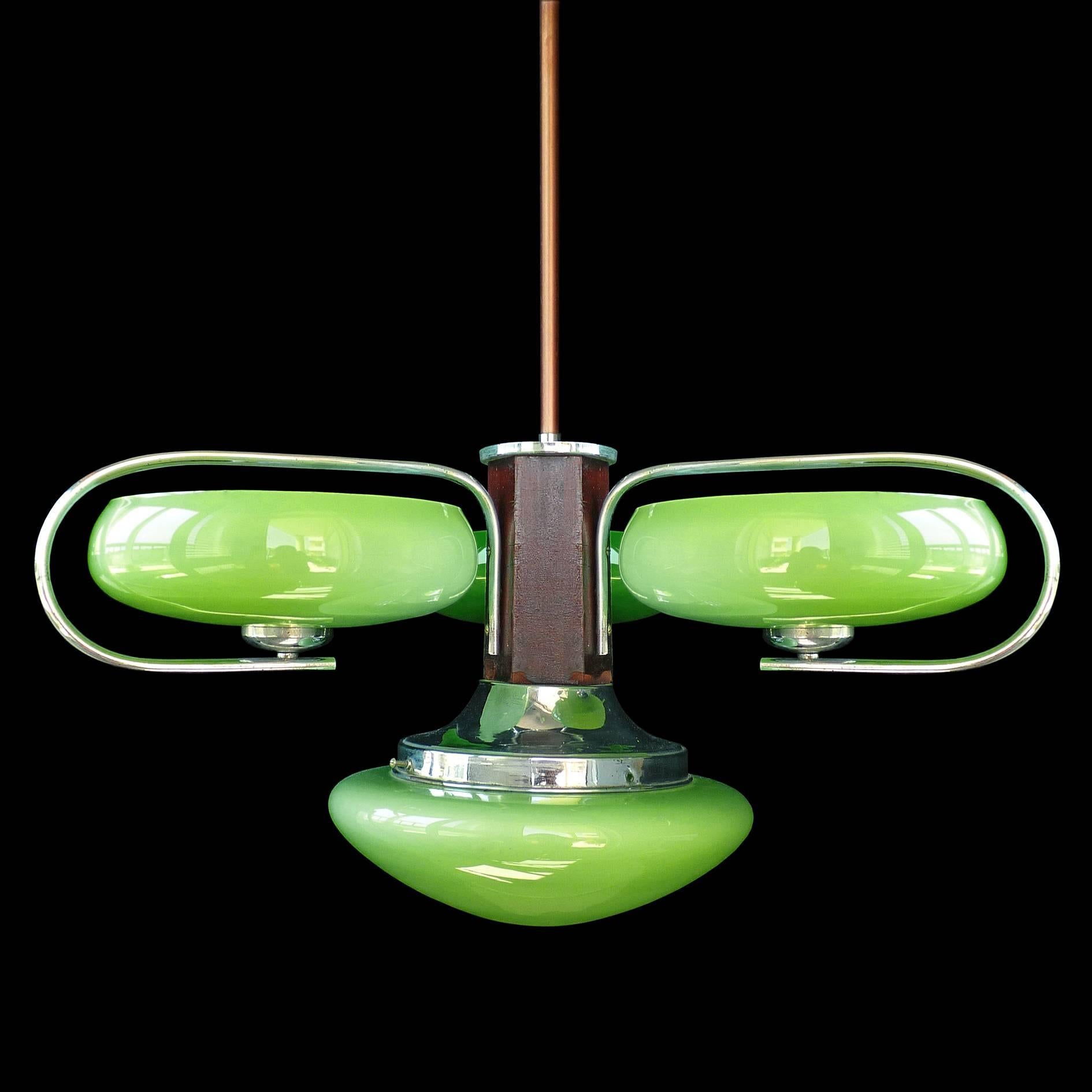 Mid-20th Century Antique French Art-Deco Opaline Green Glass Shades/Four-Light Chrome Chandelier